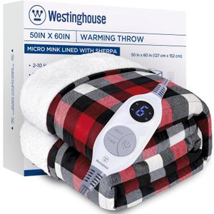 Westinghouse Electric Throw Heated Throw Blanket Soft Flannel & Sherpa Heating Blanket with 6 Heating Levels 2-10 Hours Auto-Off, Fast Heating & Overheat Protection Machine Washable, Red 50x60 Inches