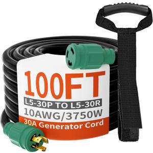 huanchain 3 Prong 30 Amp Generator Cord 100 Feet Heavy Duty,NEMA L5-30P/L5-30R 10 Gauge 125V SJTW Green Lock Generator Extension Cord Waterproof, ETL Listed