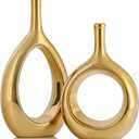 Glossy Gold Ceramic Vase Set 2, Modern Hollow Circle with Hole Flower Vase for Home Decor, for Table Centerpieces, Farmhouse, Fire Place, Living Room, Bedroom, Office, Bookshelf, Rustic Decor
