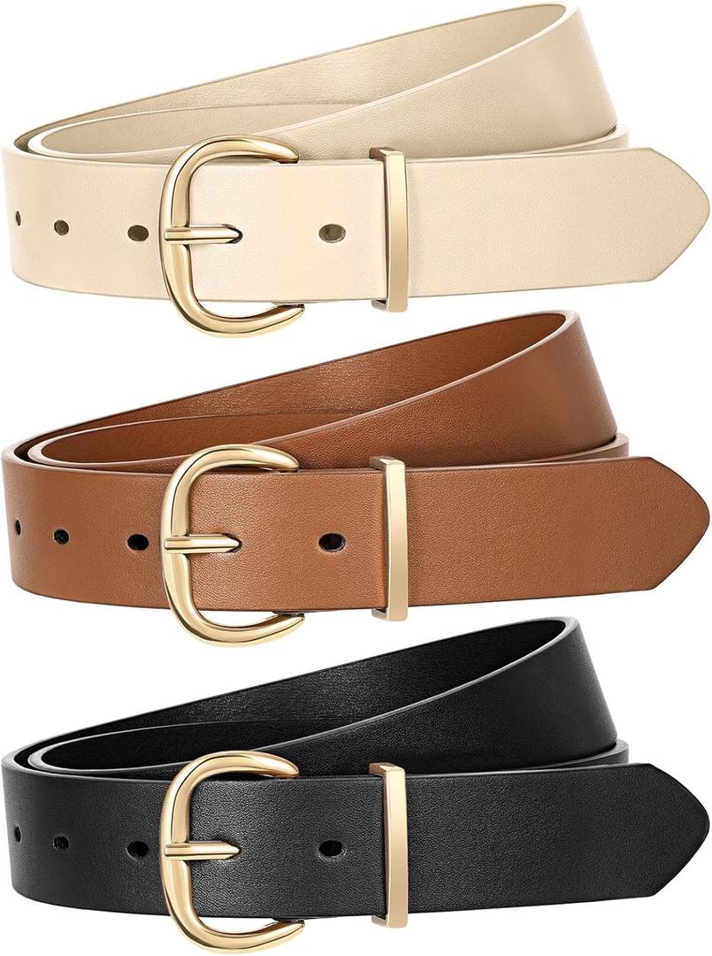JASGOOD 3 Pack Women Leather Belt for Jeans Pants Gold Buckle Casual Waist Dresses Belt for Ladies (Fit waist size 46"-50", Black+brown+beige)