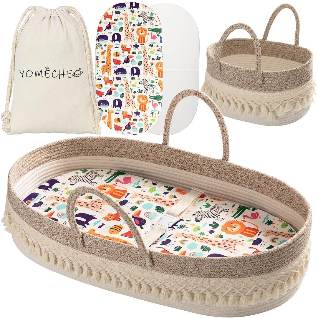 Baby Changing Basket, Boho Moses Baskets for Newborn, Baby Basket for Baby Dresser, Diaper Changing Basket for Baby with Diaper Caddy, Cartoon Changing Pad, Waterproof Sponge Cushion, Storage Bag (White&Brown)