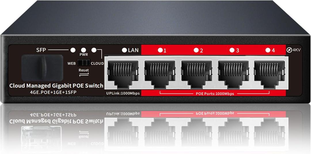 Poe Switch, 5 Port Gigabit PoE+ Switch, Easy Managed Gigabit Ethernet Switch, 4 Poe Ports @52W, 1 Uplink Ports, 1 SFP Slot, APP Smart Managed, Overload Protection w/ Port