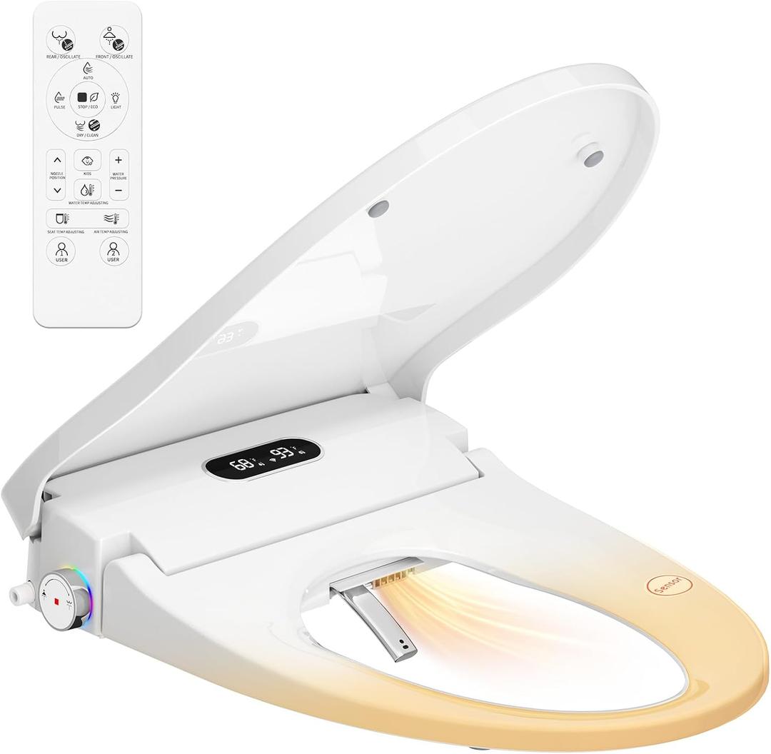 Rainsworth Smart Bidet Seat with Dual User Memory, Instant Heat & Auto-Dry Cycle - Adjustable Heated Seat, Warm Water, Stainless Nozzles, Remote & Knob Control for Elongated Toilets