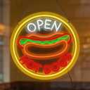 Hot Dog Open Neon Sign 13.5" x 13.5" LED Light Up Business Open Sign for Fast Food Shop Restaurant Bar Kitchen Wall Decor Dimmable USB Powered Neon Light Gift for Hot Dog Lovers