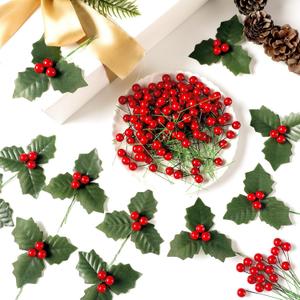 Lyrow 288 Pcs Christmas Artificial Mini Holly Berry Stems with 60 Pcs Leaves Holly Red Berries Picks Fake Berry Branches for Christmas Tree Garland Home Wreath DIY Craft Holiday Party Ornaments