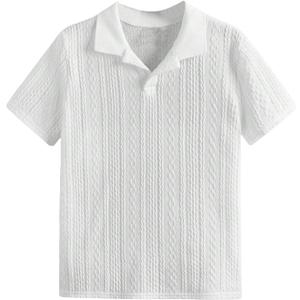 Verdusa Boys Button Down Dress Shirt Tops Short Sleeve Collar Textured Tee Shirts (14 Years, White)