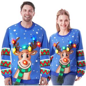 JOYIN Ugly Christmas Sweater Women Men Couples, LED Light Up Ugly Christmas Sweater Kids 2025 Reindeer(Blue) XL