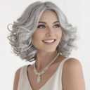 RENERSHOW Mixed Grey Short Wavy Wig for White Women - Medium Length, Gray Curly, Silver, Heat Resistant, Synthetic, Natural Looking