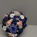 Bridal Wedding Bouquet with Luxury Rhinestone Brooch Bling Bouquet for Bride Bridesmaid Quinceanera Satin Rose Flower Bouquet Wedding Dusty Pink and Navy Blue 8.3in
