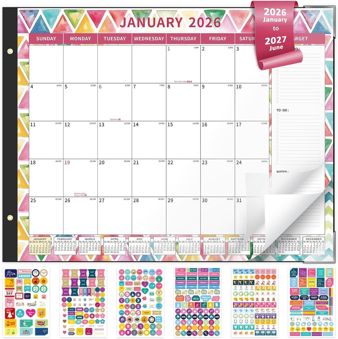 Ospelelf Desk Calendar 2026-2027 Large 22"x17" Monthly Family Planner Pad with Protective Cover 18 Months January 2026 - June 2027 Geometry