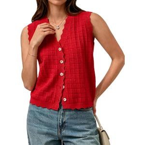 Trendy Sweater Vest Waffle Knit Top Vest V Neck Cardigan Sweater Casual Sleeveless Tops Cute Ruffle Vest (S)