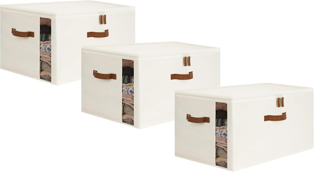 StorageWorks 90L 3-Pack Comforter Storage Bag, Closet Organizers and Storage for Quilt, Sheet, Bedding, Sweater, Clothes (Beige)