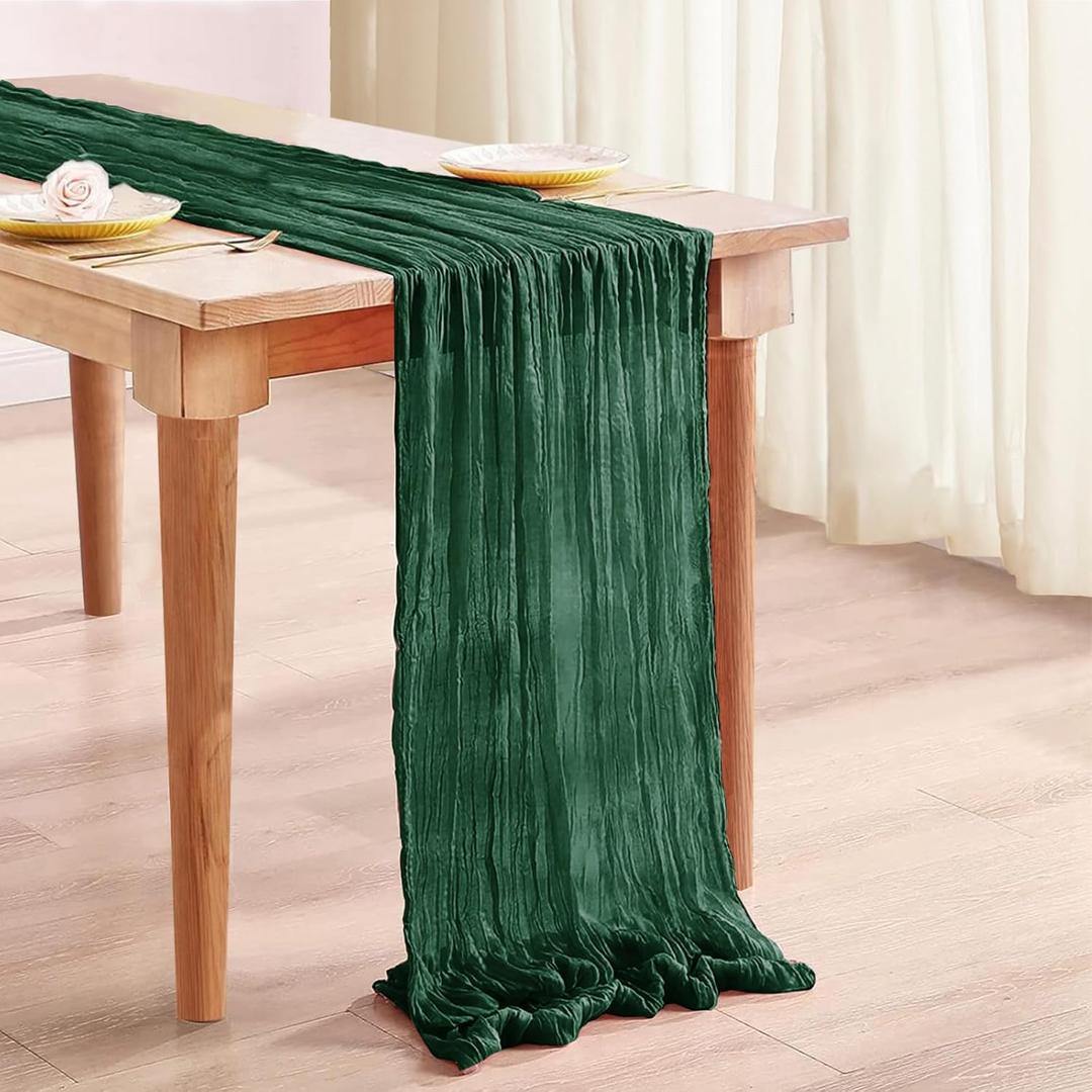 EmeraldGreen Boho Gauze Fabric Table Runner for Baby Shower, Bridal Shower Decorations, Wedding, Thanksgiving, Christmas, Birthday Decor (35x120)