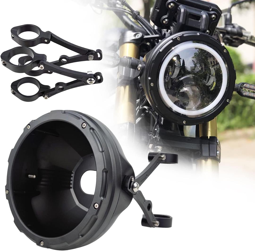 7inch CNC Motorcycle Headlight Housing Bucket with CNC Side Mounting Bracket 51-54MM Fork Tube Holder Clamps for Motorcycle