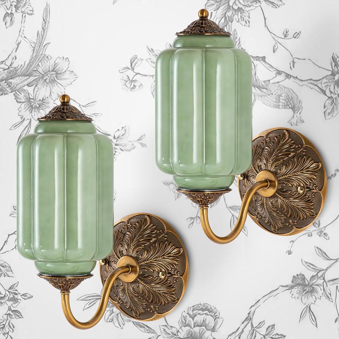 Vintage Gold Milk Glass Wall Sconce, Wall Light Set of Two - Vintage Green Shade & Brass Finish Base, Indoor Hardwired Wall Lighting Fixture for Foyers, Bedroom, etc (Bulbs Included)- Green