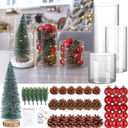 47 PCS Lighted Christmas Table Centerpiece Decor DIY Set Include 3 Cylinder Vases Xmas Balls Bottle Brush Tree Pine Cone Pine Branch Light Fake Snow for Xmas Party Dining Table Decoration