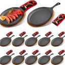 Lallisa 12 Sets Cast Iron Fajita Plate Set Fajita Plate Pan with Wooden Tray Anti Scald Protection Hot Mitt Cast Iron Skillet Set for Home Barbecue Kitchen Party Restaurant Catering Service