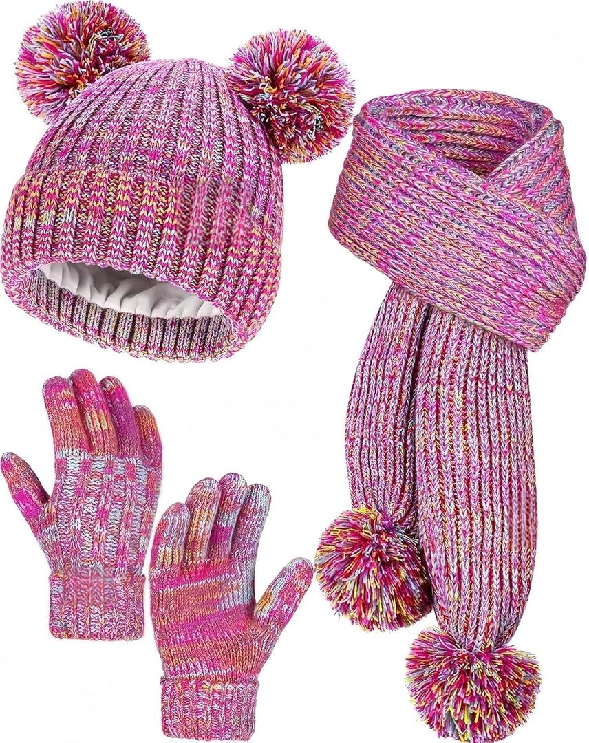 Kids Winter Gloves Hat Scarf Set for Cold Weather, Toddler Children Girls Fleece Lined Knit Pom Pom Beanie, Neck Warmer & Mittens Kids Christmas Gifts for Girls 3 4 5 6 7 8 Years Old - Rainbow