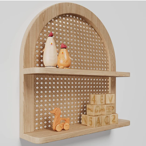 2 Tier Fan-shaped Rattan Wall Shelf, Nursery Shelf for Wall Storage, Natural Pine Wood Wicker Wall Shelf, Boho Shelf for Natural Nursery Decor, Decorative Shelf for Living Room, Bedroom & Bathroom