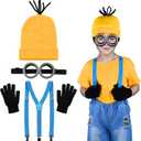 BUUFAN 4Pcs Halloween Costume Accessories Kids Steampunk Goggles Glasses Blue Y-Back Suspenders Yellow Beanie Hats Black Gloves Perfect for Birthday Party and Halloween Cosplay Party