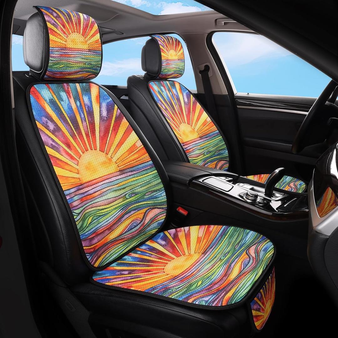 Car Seat Covers Set, 2 - Front Seat Full Set, Colorful Sunset Honeycomb Knit Fabric, Breathable & All - Season Universal Automotive Seat Protectors