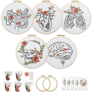 5 Sets Skull Embroidery Kits for Beginners Adults, Anatomy Embroidery Starter Kit for Doctors Nurses Christmas Gifts with Floral Stamped Pattern DIY Needlepoint Kit Cross Stitch Set Includes 2 Hoops (organ)
