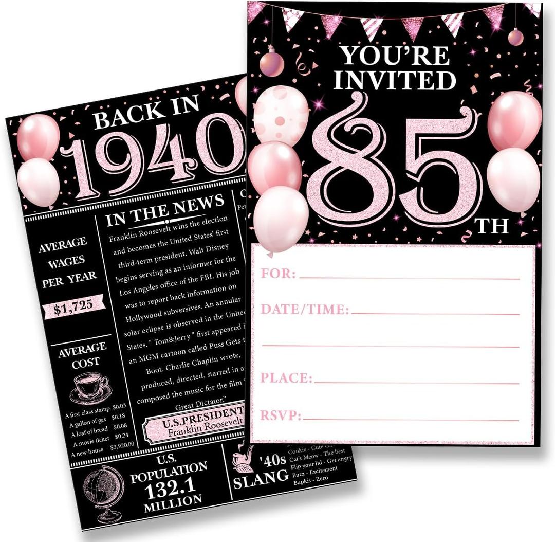 2 x 85th Birthday Party Invitations for Women Men - Back in 1940 Invites Pink 85 Year Old Birthday Invitations Set (20 Invites and Envelopes)