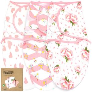 Newborn Swaddle Blanket for 0-3 Month, Swaddles for Newborns Baby Girls Boys, 100% Organic Cotton Nursery Swaddling Blankets, Adjustable Sleep Sack for Babies (3-Pack) (Pink Floral)