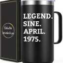 Lifecapido Legend Since April 1975 20oz Insulated Coffee Mug with Lid, Aries Taurus 50th Birthday Gifts for Him Men Dad Husband Uncle, Black