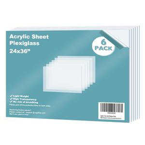 Egofine Plexiglass Sheets Acrylic Sheets 6 Pack of 24x36 0.04 Thick Clear Plastic Cast Transparent Plexi Glass for Crafting Projects, Replacement Picture Frame Glass, DIY Display, Easy to Cut