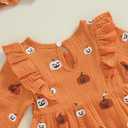 FOMOYUU Newborn Baby Girl My First Halloween Clothes Pumpkin Romper Jumpsuit Fall Outfits Ruffle Long Sleeve with Headband (Orange)
