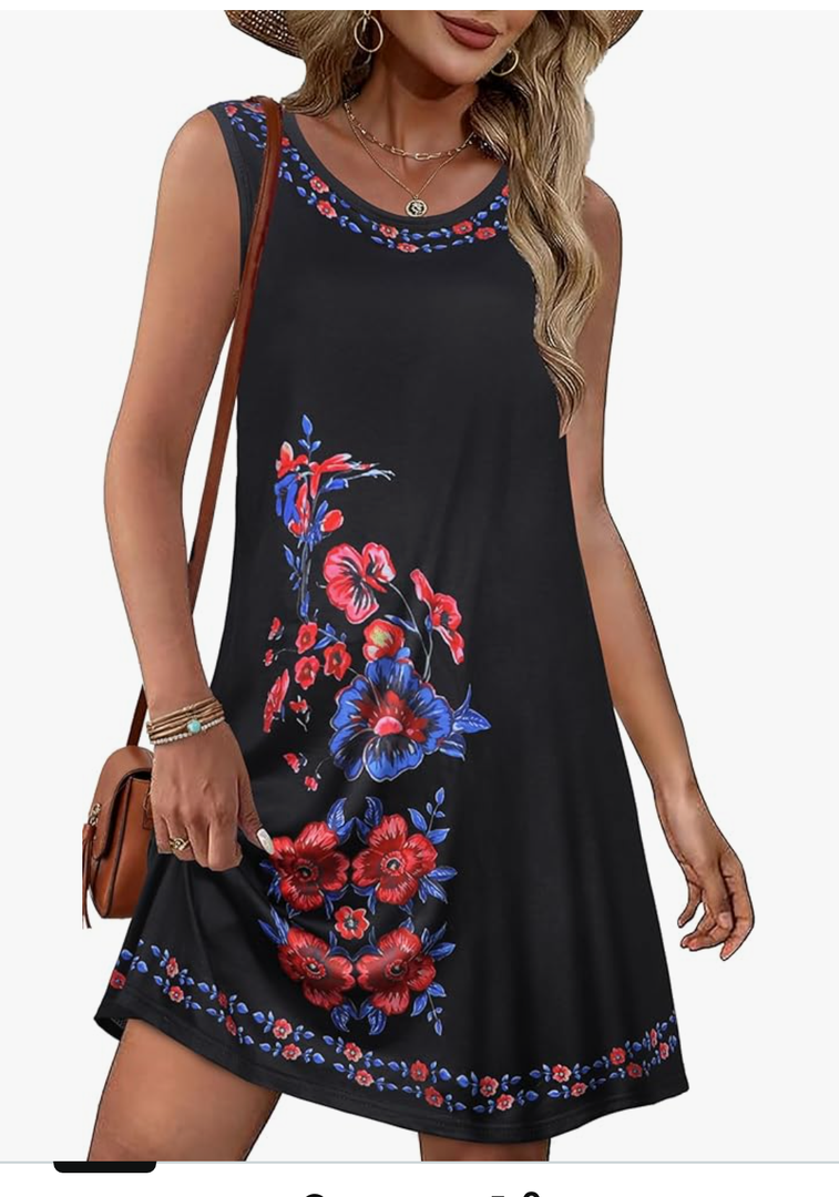 Summer Dresses for Women Beach Boho Sleeveless Vintage Floral Flowy Pocket Tshirt Tank Sundresses, M