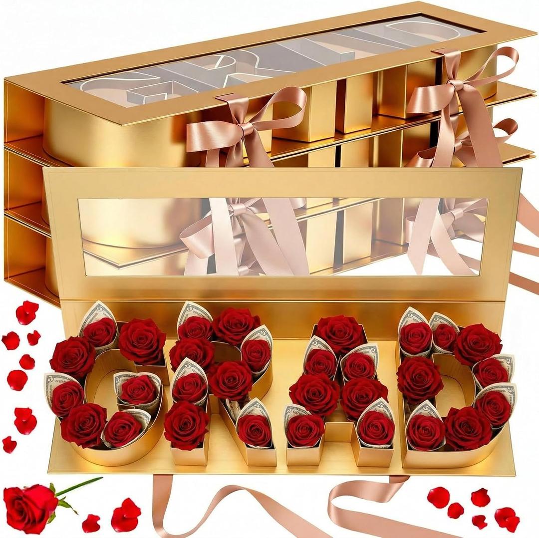 Weekgrat 4 Pack Graduation Flower Gift Box, 18.11 x 5.51 x 2.05 Inches Fillable Floral Present Boxes with Grad Letters 2026, Empty Flower Bag for Graduation Party Favors(Gold)