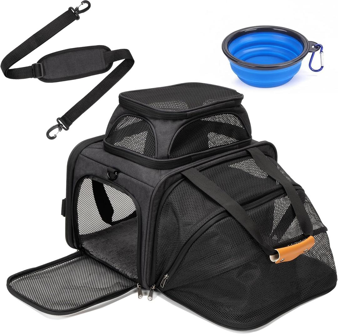 Expandable Pet Carrier Bag - Airline-Approved, Breathable Mesh, Secure Zippers, Padded Handle & Multi-Pockets (Dark Grey), 17"L x 11"W x 11"H