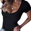 Rooscier Women's Deep V Neck Short Sleeve Slim Fit Basic Sexy Summer Tee T Shirt Blouse Top, Medium
