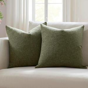 Meekio Set of 2 Dark Moss Green Pillow Covers 18x18, Farmhouse Linen Decorative Throw Cushion Covers for Sofa Couch