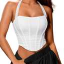 ChiaoLezhee Women's Halter Mesh Corset Crop Top, Ruched Asymmetrical Hem, Boned Lace-Up Bustier for Going Out Fit (6-8, White)