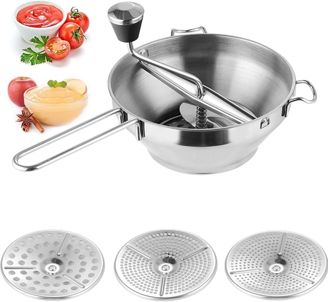 1 PCS Food Mill, Stainless Steel Food Mill for Tomato Sauce&Canning, Food Mill Hand Crank with 3 Grinding Plates for Mashing Grating Fruits Vegetables(7.5""/19cm x 3.2""/8cm), Silver