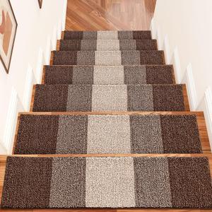 OLANLY Stair Treads Non Slip 15PCS, 8" x 30" Indoor Stair Runners for Wooden Steps, Edging Stair Rugs with Reusable Peel and Stick Adhesive for Kids Elders and Pets, Brown