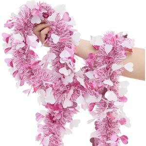 33FT Valentines Heart Tinsel Garland, Pink Metallic Twist Foil Tinsel Garland with Heart Ornament Hanging Garland for Valentines Wedding Birthday Party Indoor Outdoor Decoration