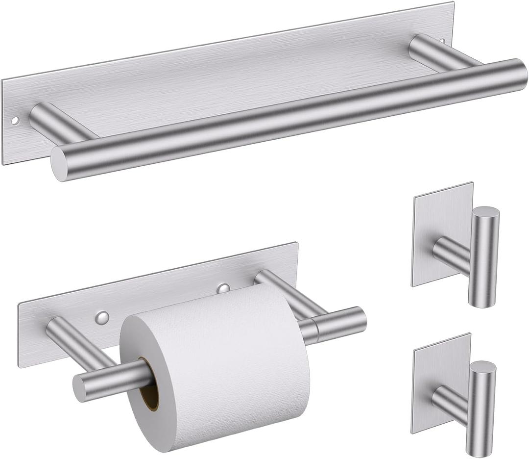 Lairuier Self Adhesive Bathroom Hardware Set, Includes Towel Bar, Toilet Paper Holder and 2 Towel Hooks, Brushed Nickel Bathroom Hardware Accessories, Towel Racks for Bathroom, Kitchen, Washroom