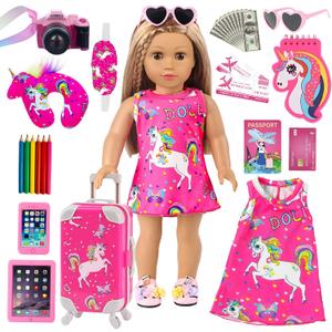 ZQDOLL American 18 Inch Doll Clothes and Accessories Travel Luggage Play Set Including 18 Inch Doll Clothes Travel Suitcase Travel Pillow and Eye Mask(Dolls & Shoes NOT Included)
