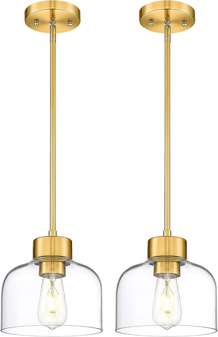2-Pack Pendant Lights Kitchen Island, 8" Brushed Gold Hanging Light Fixtures with Clear Glass Shade, Modern Brass Kitchen Pendant Lighting Over Island for Dining Room, AD-24024-1P2L-GD