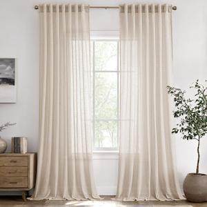 ANRODUO Beige Linen Curtains 102 Inches Long 2 Panels Back Tab Cream Neutral Rustic Farmhouse Drapes Extra Long Linen Blend Light Filtering Semi Sheer Linen Curtain for Living Dinning Room Bedroom