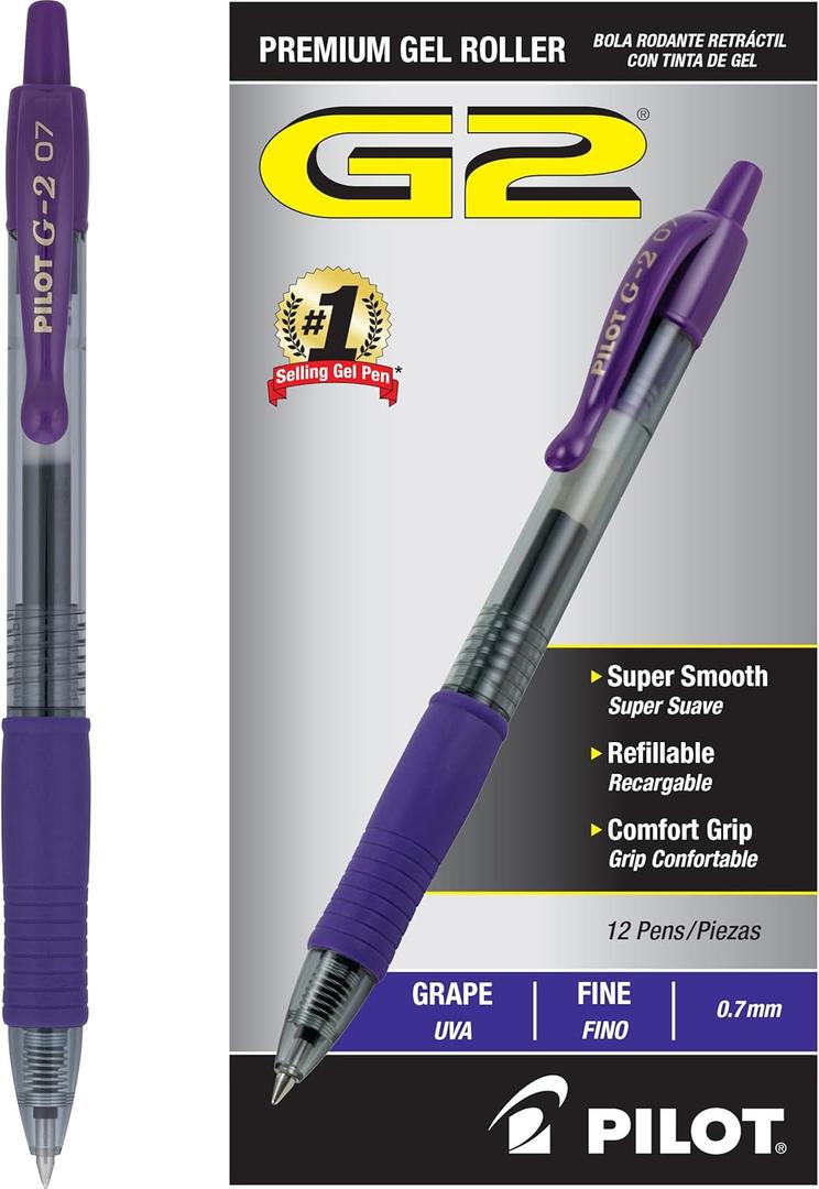 PILOT, G2 Premium Gel Roller Pens, Fine Point 0.7 MM, Grape, Pack of 12 (Dozen Box)