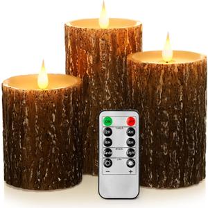Flameless Candles Battery Operated Pillar Pine Effect Real Wax Flickering 3D Wick Electric LED Decorative Candle Sets with Remote Control Cycling 24 Hours Timer, 4" 5" 6" Pack of 3