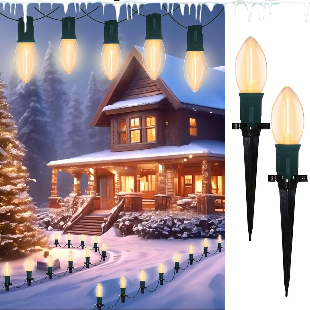 C9 LED Christmas Pathway Lights, 38 Feet Outdoor String Lights with 25 LED Bulbs and Marker Stakes, Waterproof Connectable Christmas Walkway Markers Light for Outside Driveway Yard Garden Patio Lawn