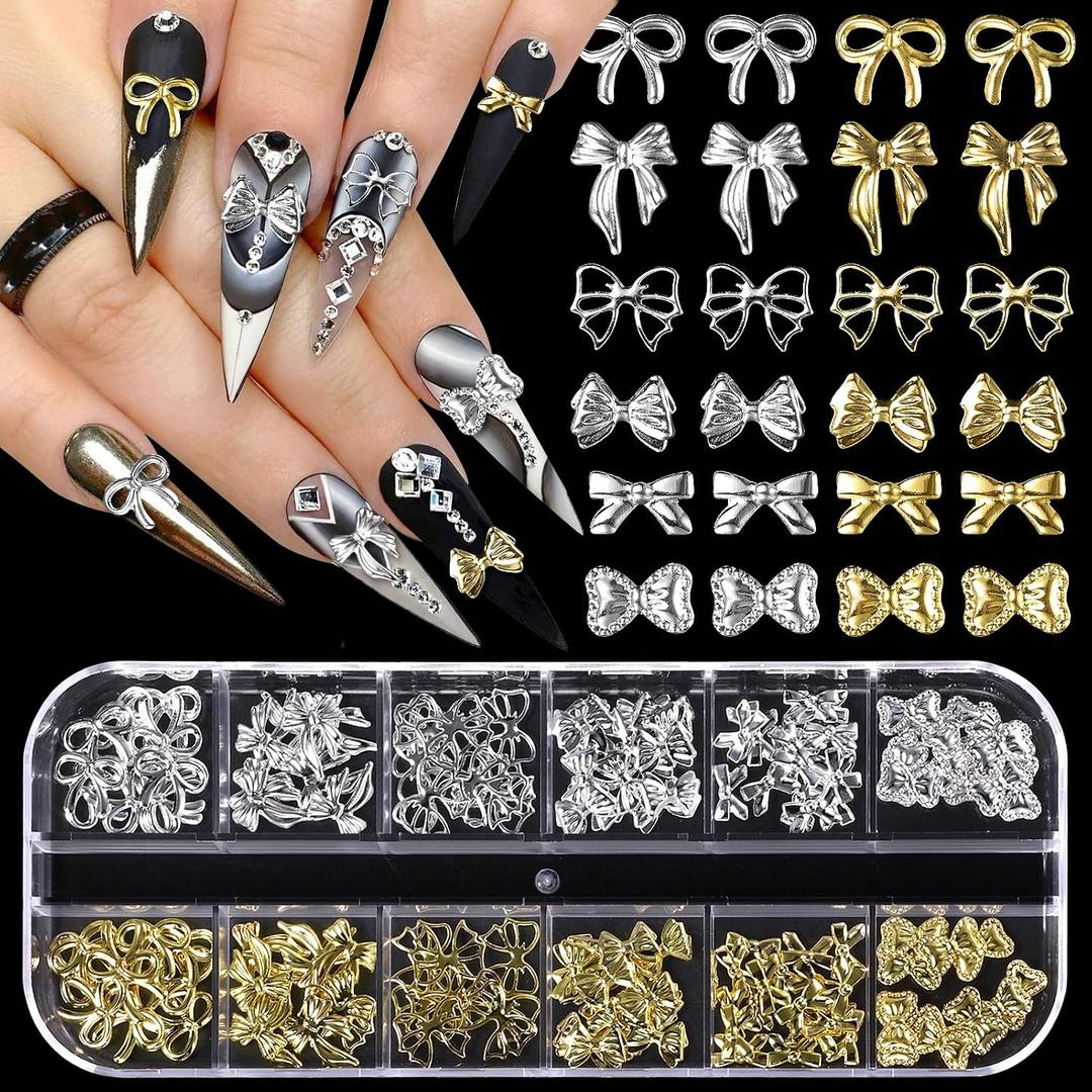 4 x Silver Gold Bow Nail Charms, Small Nails Bows Alloy 12 Styles Bowknot Nail Art Studs Bow Tie Charms for Nails DIY Y2K Decor