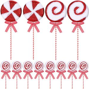 Wettarn 12 Pieces Christmas Candy Tree Picks with Ribbon Christmas Decorations 5.9" & 14.5" Glitter Lollipop Candy Canes Ornaments for Xmas Tree Topper Home Vase Party Ornaments(Red)