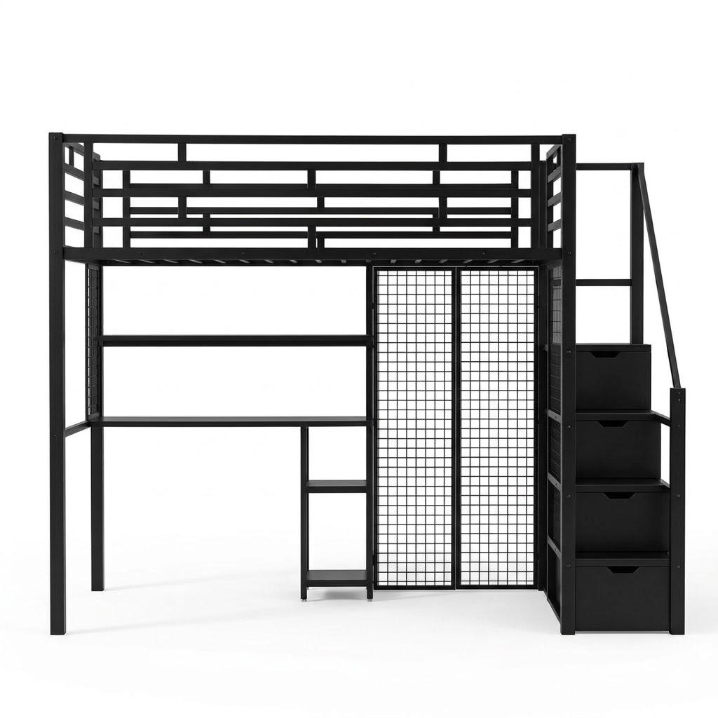 Full Size Metal Loft Bed with Wardrobe and Desk, Heavy Duty Loftbed w/Storage Stairs + Shelves,Space-Saving, Noise Free, No Box Spring Needed, Black